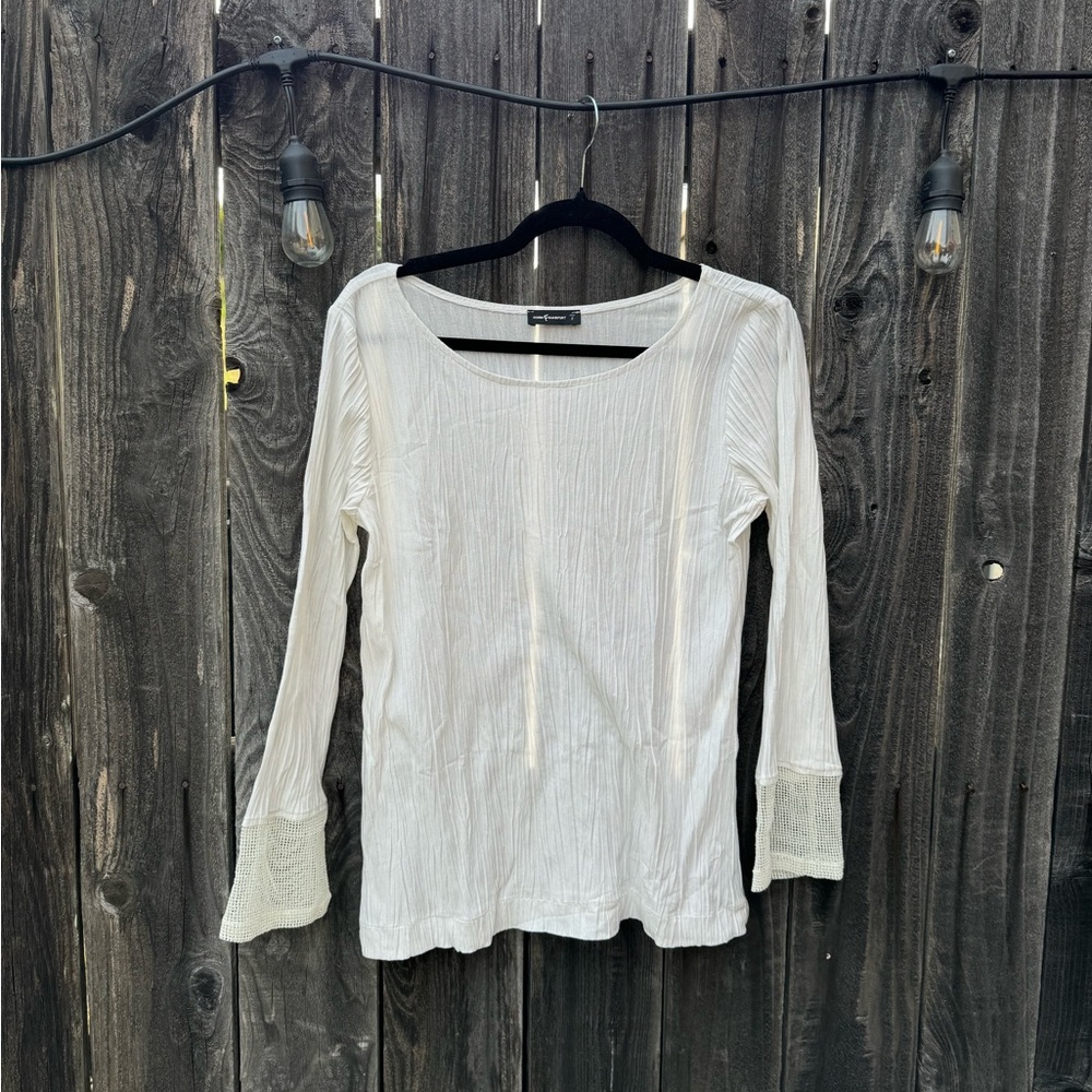 Dorin Frankfurt White Crepe Cotton Long Sleeve Top with Mesh Sleeves size 2